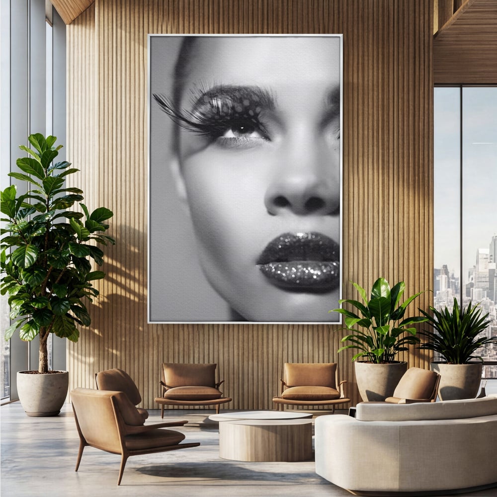 Tablou canvas cu tablou canvas cu portret alb-negru, in rama de aluminiu argintiu, pe perete intr-un birou